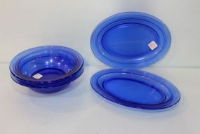 Two Blue Depression Glass Bowls & Two Platters