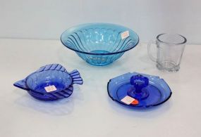 Four Pieces Blue Depression Glass