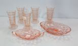Five Pink Depression Glasses & Two Oval Dishes