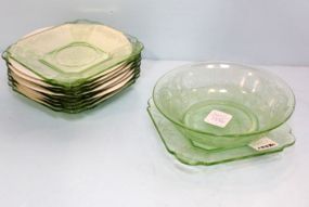 Ten Square Green Depression Glass Plates & One Bowl