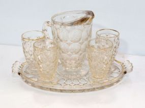 Clear Glass Pitcher, Four Glasses & Tray