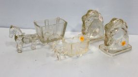 Two Glass Horse Carts & Pair of Glass Horse Bookends