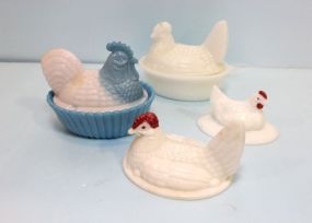 Two Small Milk Glass Chickens & Two Lids