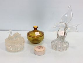 Two Covered Glass Jars, Porcelain Jar & Glass Bird