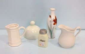 Painted Vase, Pepper Shaker, Two Creamers & Butter Lid