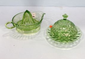 Green Depression Glass Juicer & Covered Butter