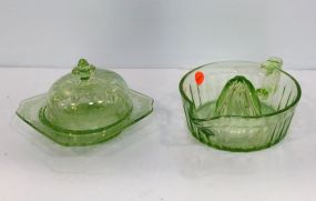 Green Depression Glass Juicer & Covered Butter