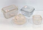 Glass Butter Dish & Three Refrigerator Storage Boxes