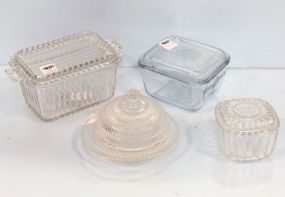 Glass Butter Dish & Three Refrigerator Storage Boxes