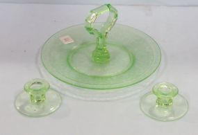 Green Depression Glass Cake Stand & Two Small Candlesticks