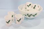 Large Holly Pattern McKee Glass Punch Bowl & Eleven Cups