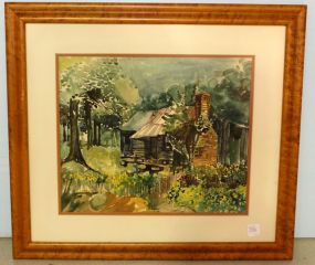 Watercolor of Cabin Signed Nancy Lay