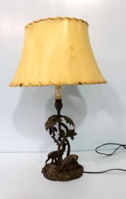 French Silver Metal Lamp w/2 deer and raw hide shade 