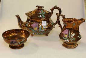 Three Piece Set of Floral Painted Lusterware 
