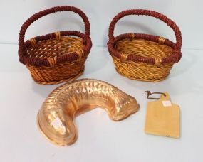 Copper Fish Mold, Two Baskets & Small Cutting Board