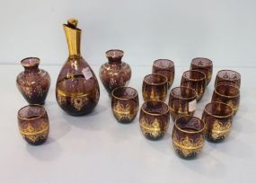 Two Amethyst and Gold Vintage Vases & Decanter and Twelve Cups