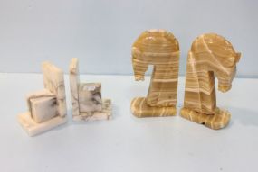 Pair of White Marble Bookends & Pair of Marble Horsehead Bookends