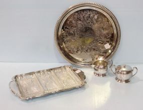Silverplate Tray, Divided Silverplate/Glass Dish & Creamer/Sugar