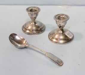 Pair Weighted Sterling Silver Candlesticks & Coin Silver Spoon