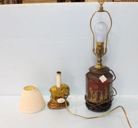 Eight Sided Painted Oriental Lamp On Stand & Small Elephant Lamp