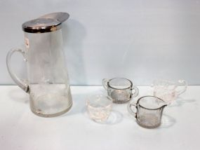 Etched Pitcher & Two Cut Creamer/Sugars 