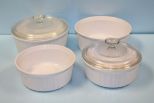 Four White Corningware Bowls & Two Clear Lids