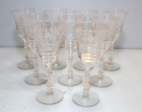 Set of Nine Etched Stem Glasses 