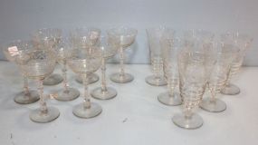 Set of Six Etched Stem Glasses & Set of Eight Etched Champagne Glasses