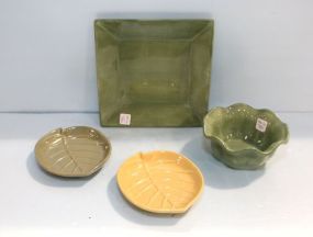 Three Pottery Bowls & Square Tray 