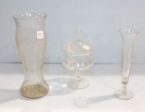 Two Etched Glass Vases & Covered Candy Dish