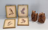 Four Owl Prints & Owl Bookends 
