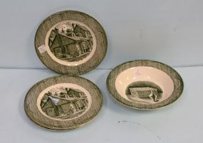 Four Old Curiosity Shop Green and White Plates & One Bowl