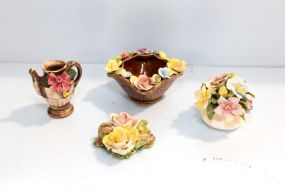 Two Small Capidimonte Porcelain Pieces & Two Other Porcelain Baskets of Flowers