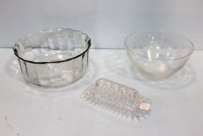 Two Large Salad Bowls & Covered Butter Glass Dish