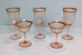 Five Pink and Gold Etched Stems 