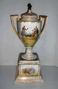 Austria Dresden Double Handle Urn with Lid on Pedestal Base
