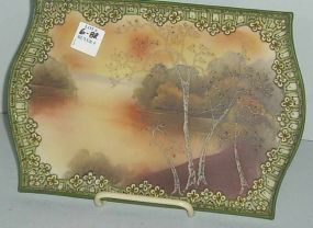 Nippon moriage beaded dresser tray w/lake scene
