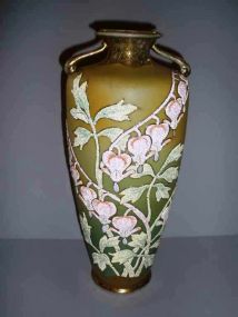 Nippon vase double handled coralene bell flowers (and bleeding heart) branches