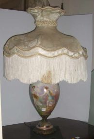 Large Hand Painted Lamp with Ladies & Fringed Shade