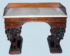 Lady's Writing Desk, Pierced Carved Mahogany Legs, Center Drawer Has Writing Surface, Marble Top w/Mahogany Wooden Gallery