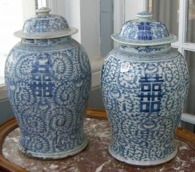 Pair of Blue and White Oriental Temple Jars