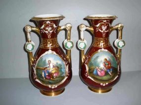Pair of Old Paris hand painted vases with courtship scenes and gold trim