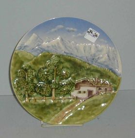 Majolica plate with house design