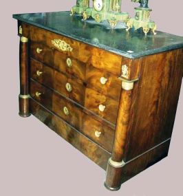 French First Empire Fruit Wood Chest of Drawers, with Gilt Bronze Ormolu and Full Size Column and Black Marble Top