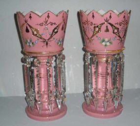 Pair of Pink Enameled Mantle Lusters with Prisms
