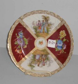 Dresden red & gold plate of courtship scene