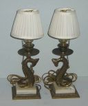 Pair of small gold metal & onyx lamps
