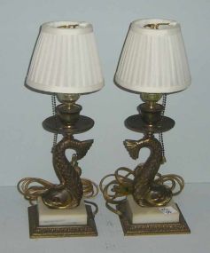 Pair of small gold metal & onyx lamps