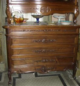 French Serpentine Front Walnut Four Drawer Marble Top Chest