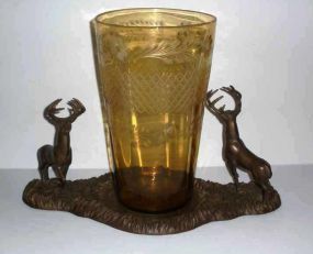 Bronze Double Deer Base with Amber Etched Vase in Middle